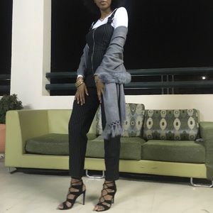 Black & white jumpsuit w silver front zipper, straight leg, adjustable straps